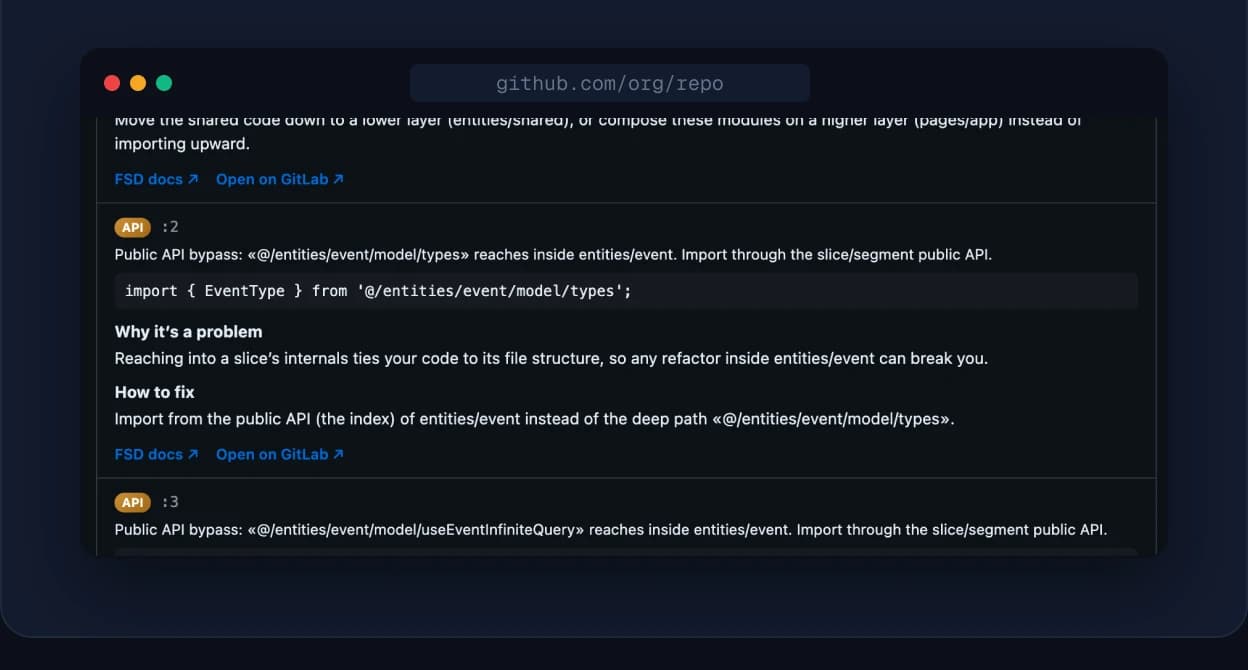 Full repository audit — layer dependency violations listed for an entire codebase