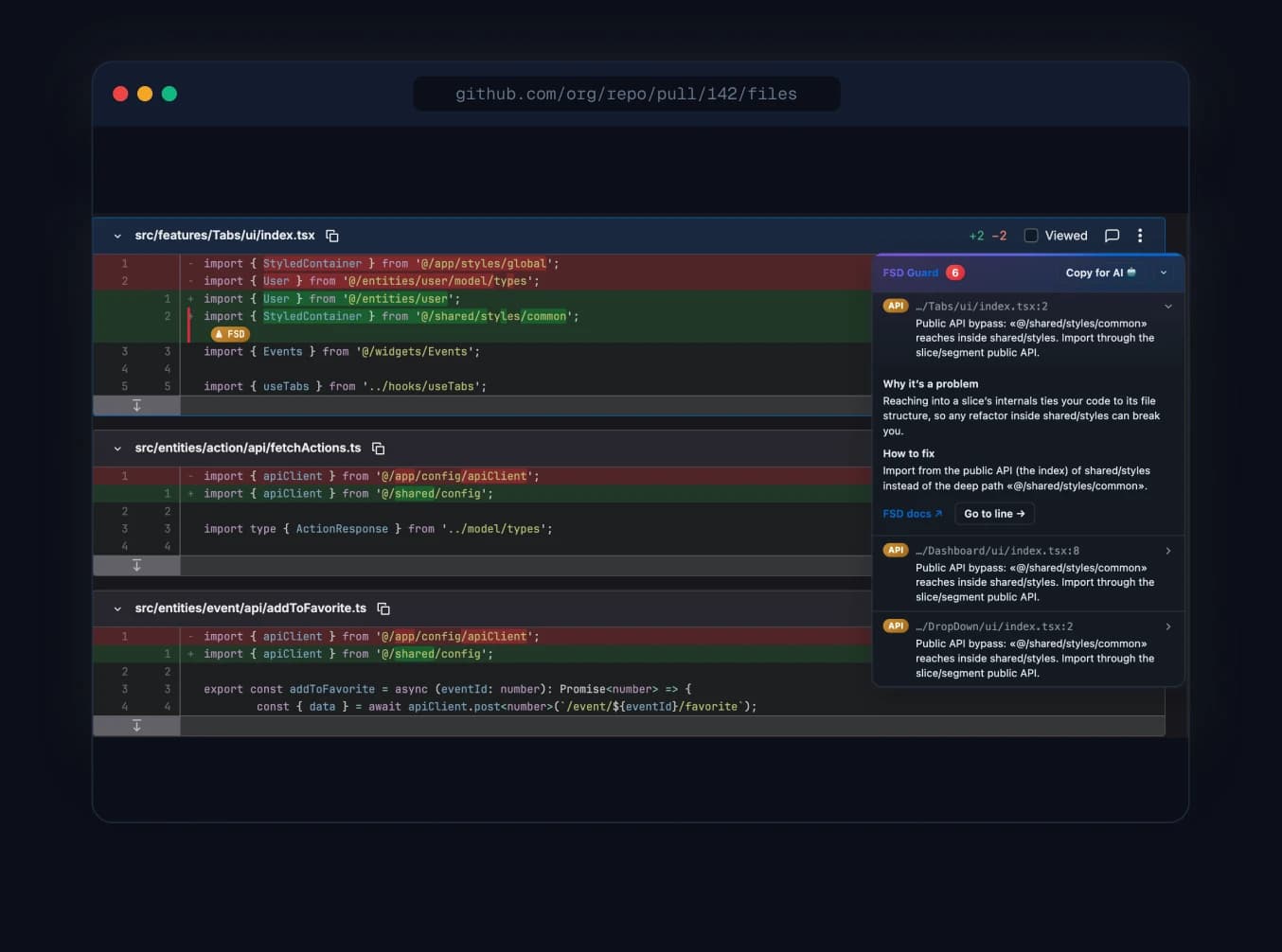 FSD Guard reviewing a GitHub Pull Request: inline diff with a public-API-bypass violation and the FSD Guard details panel