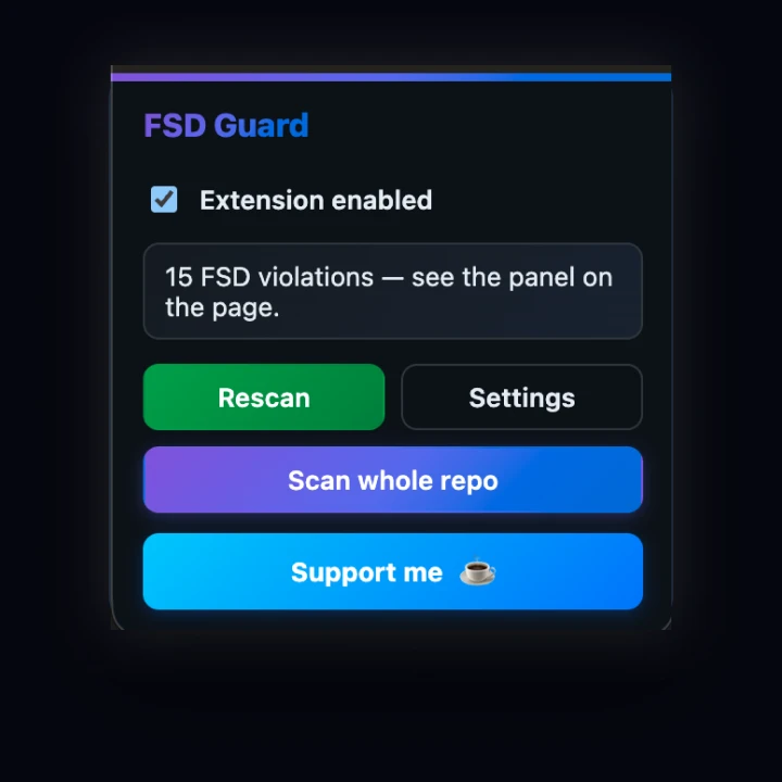 The FSD Guard browser extension popup showing an instant violation summary