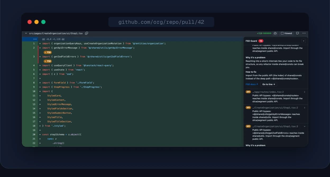 PR inline check mode — warning banners injected beneath offending lines in a GitHub diff