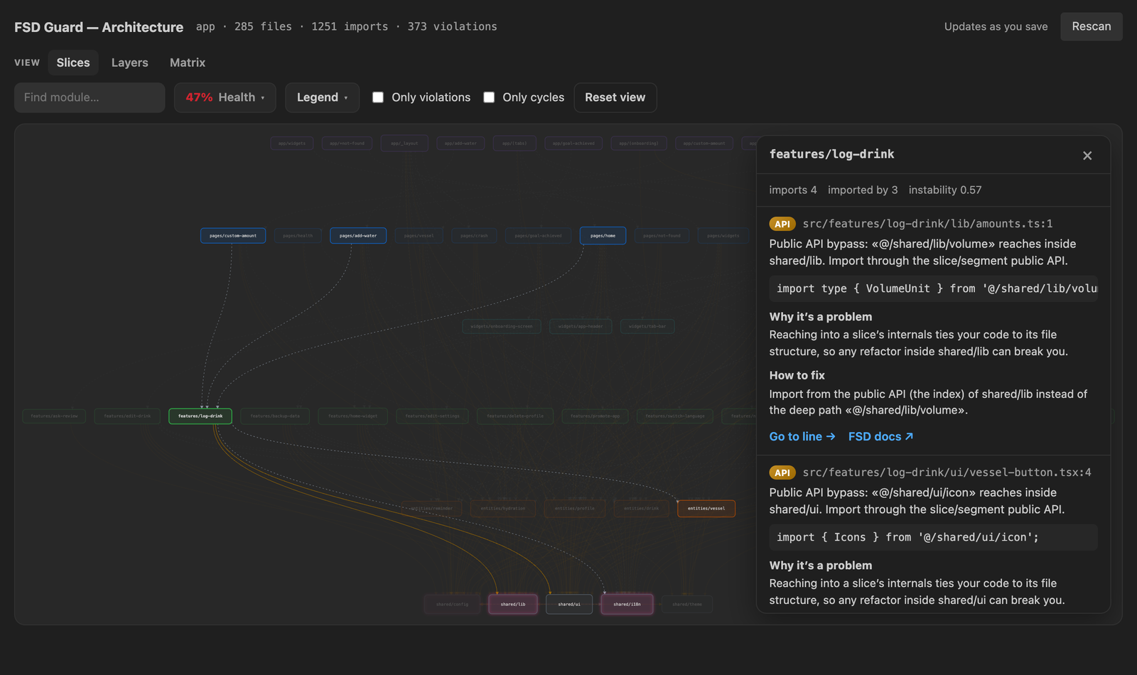 Clicking a module lists the imports behind it, each with Go to line